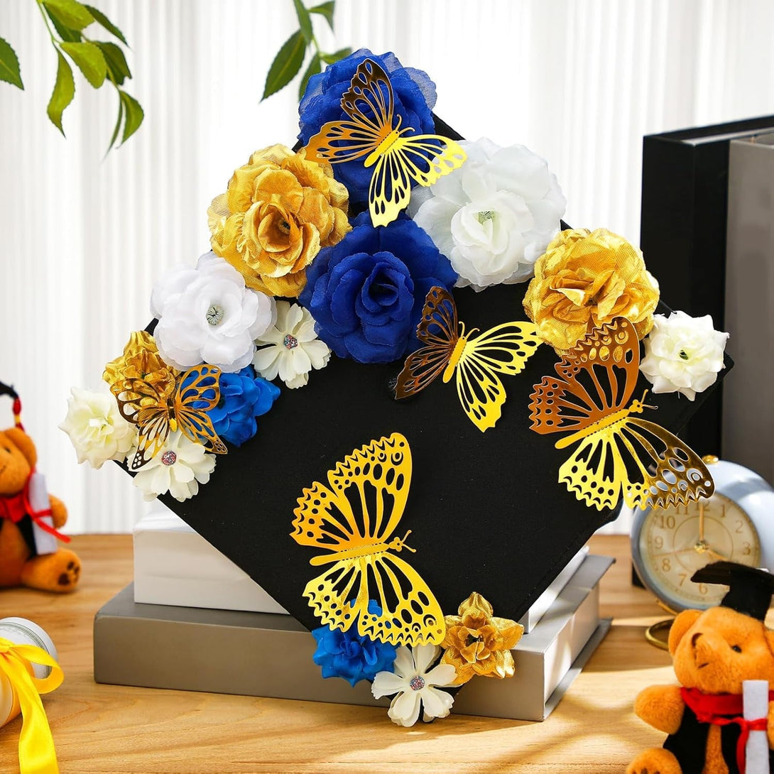 Knitgrip 27 Pcs DIY Graduation Cap Decorations Accessory Kit Include Faux Flower Heads and 3D Butterfly for Graduation Cap Decoration Home Decoration Craft Supplies(Blue Gold)