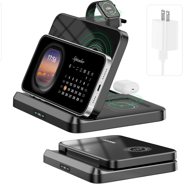 3 in 1 Wireless Charging Station for Multiple Devices Apple, Foldable Wireless Charger, Mag-Safe Charger Phone and Watch Charger, Compatible for Phone 13/14/15 Pro Max/Apple Watch/Airpods