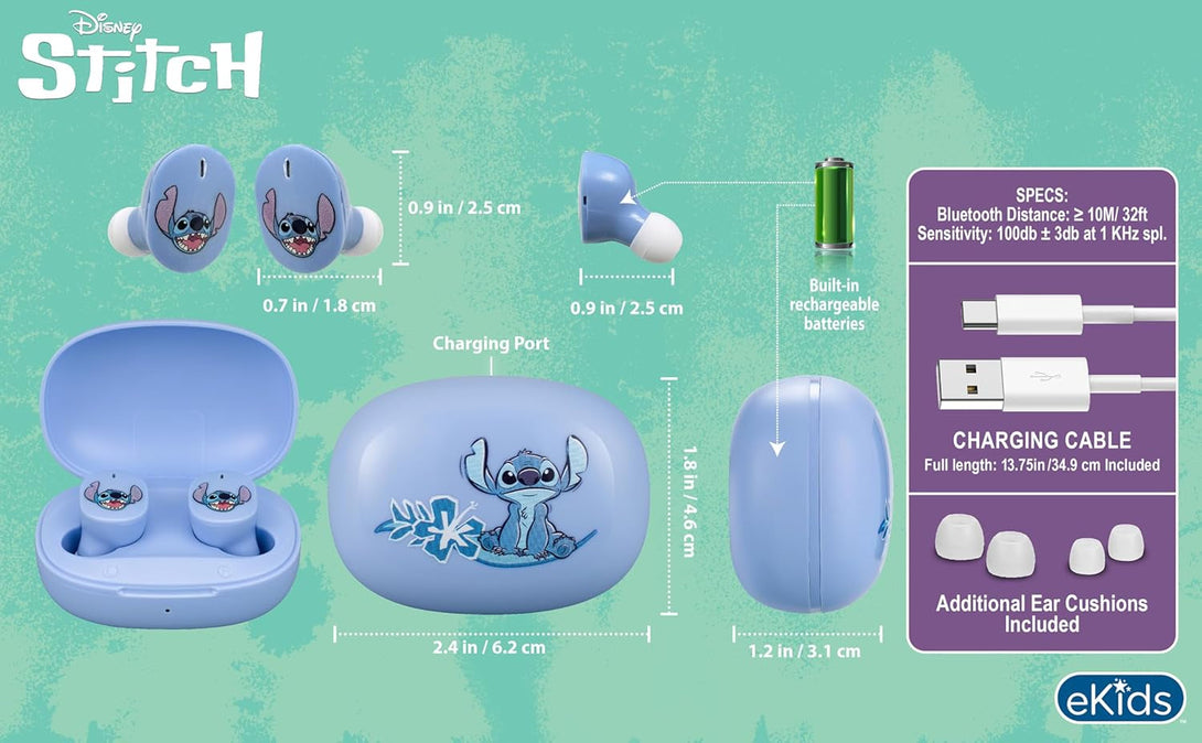 Ekids Disney Stitch Wireless Earbuds with Microphone, Bluetooth Earbuds with Charging Case for Ear Buds, Designed for School, Home, or Travel
