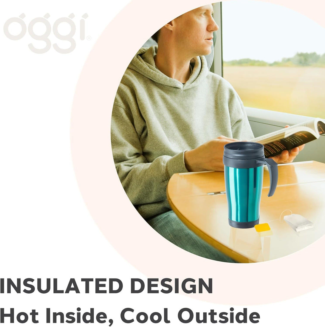 Oggi Commuter Travel Mug 14Oz - Insulated Coffee Mug, Thermal Stainless Steel with Easy Grip Tumbler Handle - Peacock