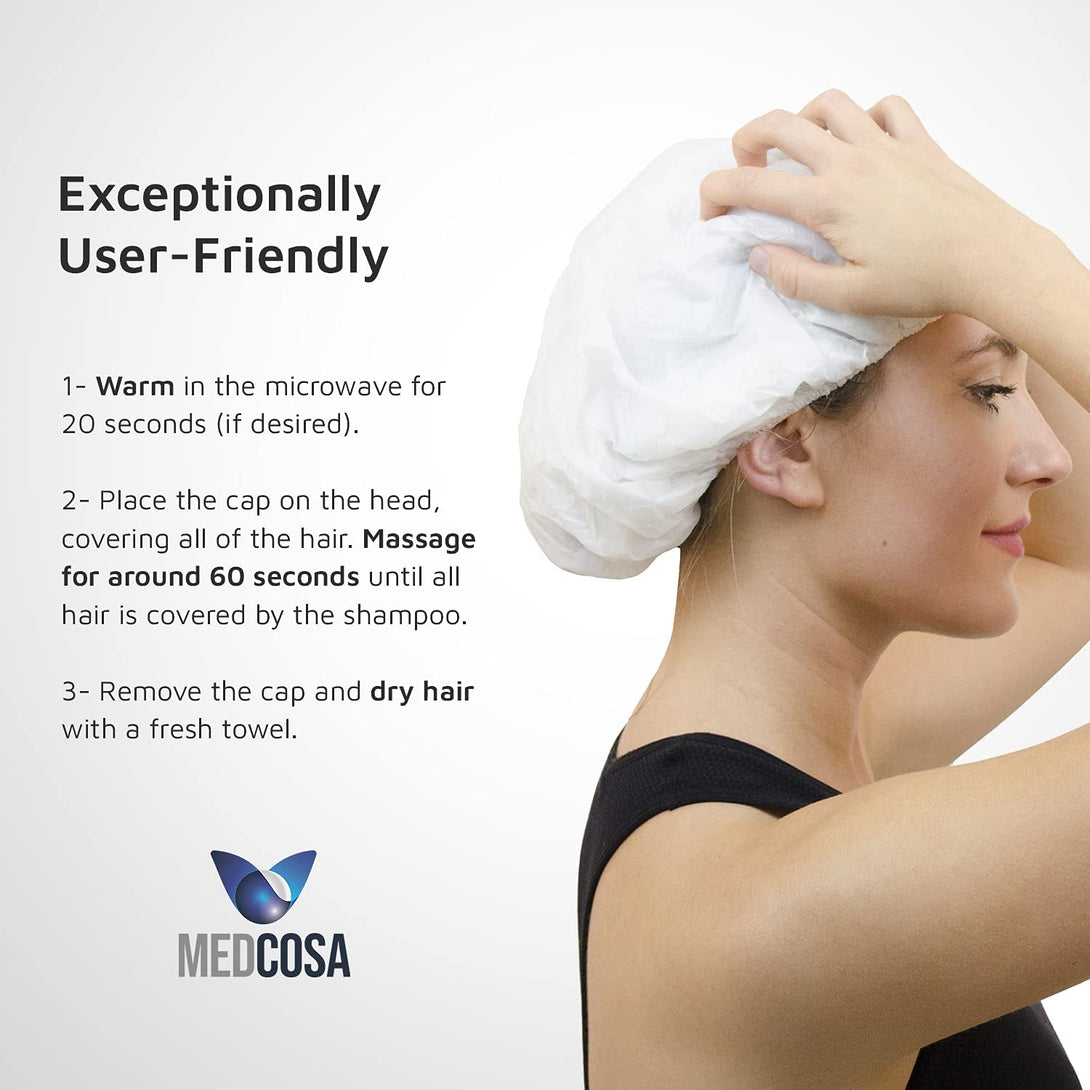 Medcosa No Rinse Shampoo Caps - Waterless Shampoo and Conditioner Hair Wash Cap - Dry Hair Washing Aids with Aloe Vera and Vitamins - Pack of 5 Rinse Free No Water Shower Caps