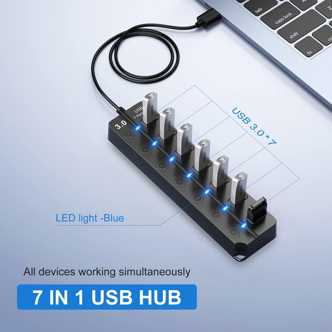 USB Hub 3.0, 7-Port USB Hub Splitter with Individual On/Off Switches and Lights, 3.2Ft/1M Long Cable Compatible with Macbook, Laptop, Surface Pro, PS4, PC, Flash Drive, Mobile HDD