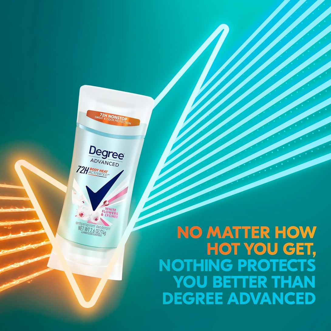 Degree Advanced Protection Antiperspirant Deodorant White Flowers & Lychee for 72-Hour Sweat & Odor Control for Women, with Body Heat Activated Technology, 2.6 Oz