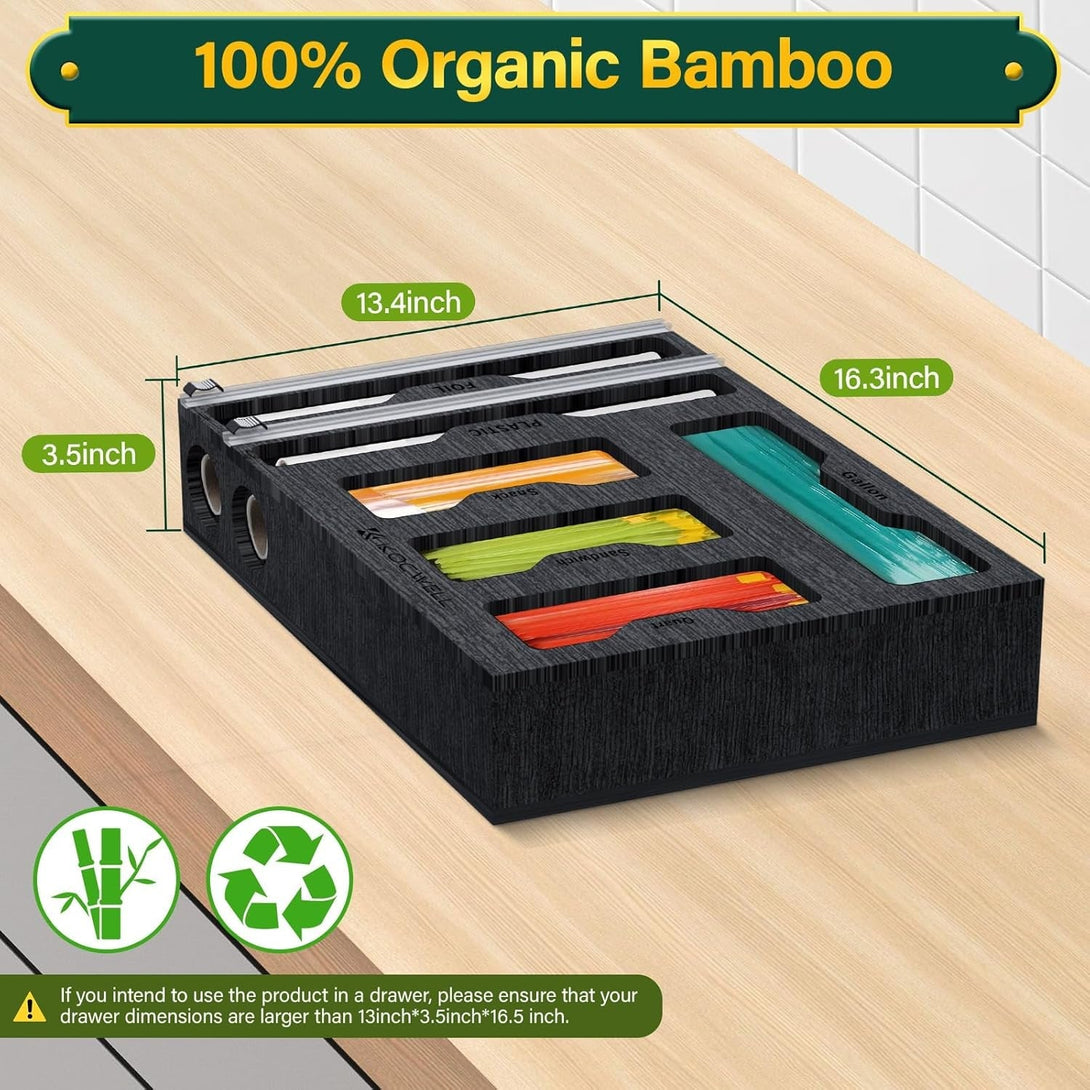 KOCWELL Bag Organizer & Plastic Wrap Dispenser with Cutter, 6 in 1 Bamboo Foil & Plastic Wrap Organizer for Kitchen, Food Storage Bag Organizer