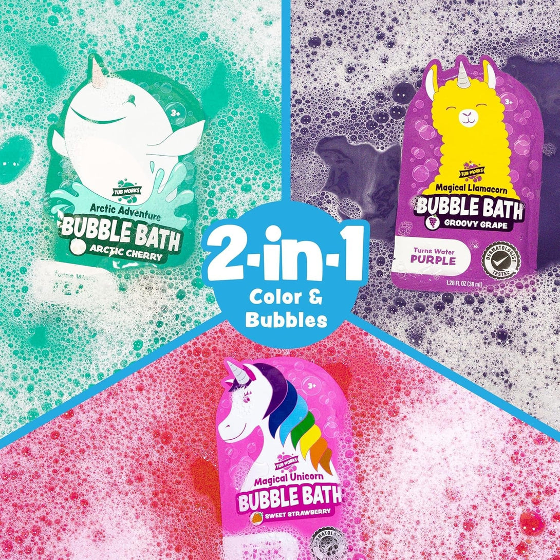 Tub Works® Magical Kids Bubble Bath, Variety 12 Pack | Creates Colorful Water & Tons of Foam Bath Bubbles | Nontoxic | Character-Themed Bubble Bath for Kids | Pink, Purple & Teal Bath Colors