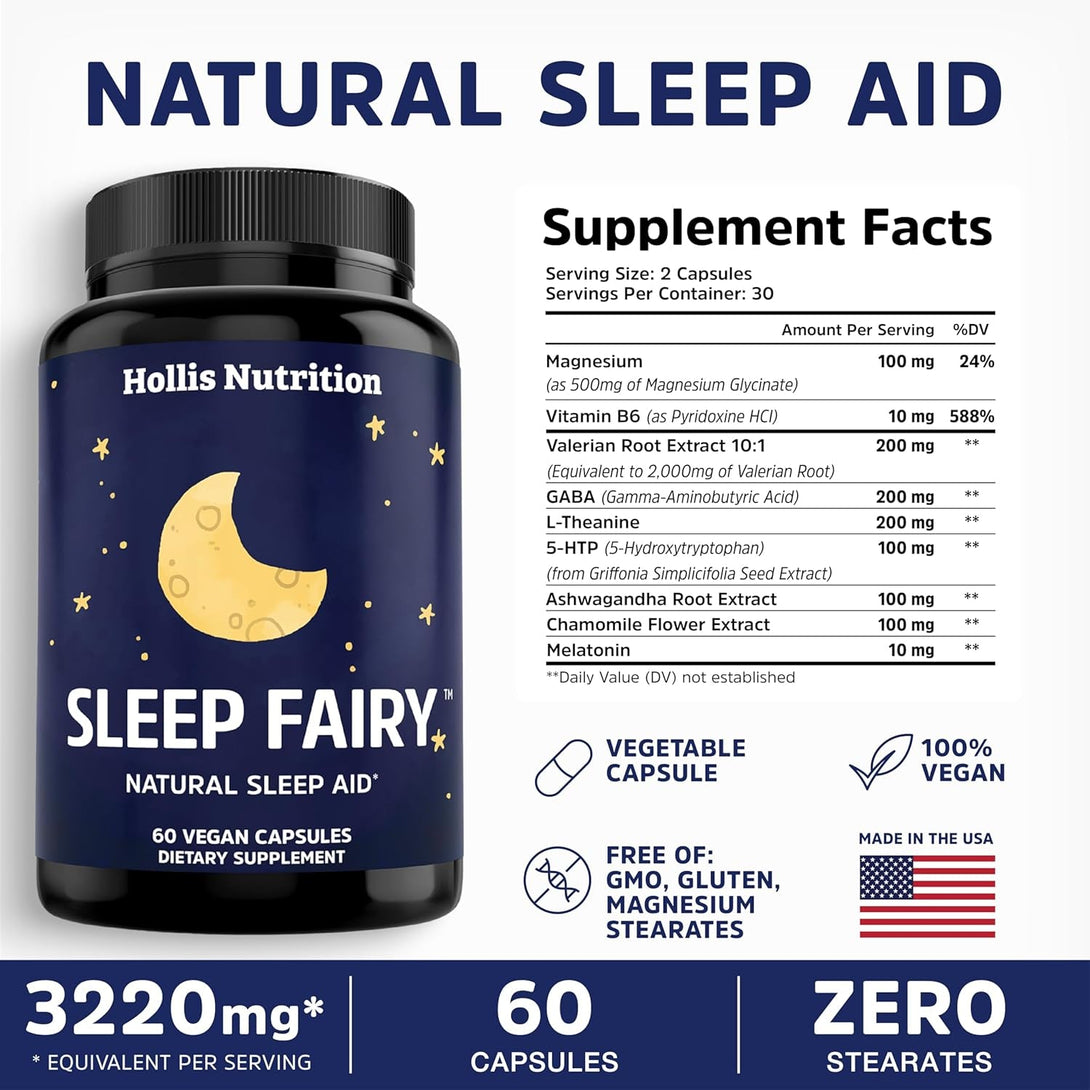 SLEEP FAIRY Natural Sleep Aid | Melatonin 10Mg, Magnesium Glycinate 500Mg, L-Theanine, B6, 5-HTP, GABA, Valerian Root & Ashwagandha | Herbal Sleeping Pills for Adults | Vegan Sleep Pills | MADE in USA