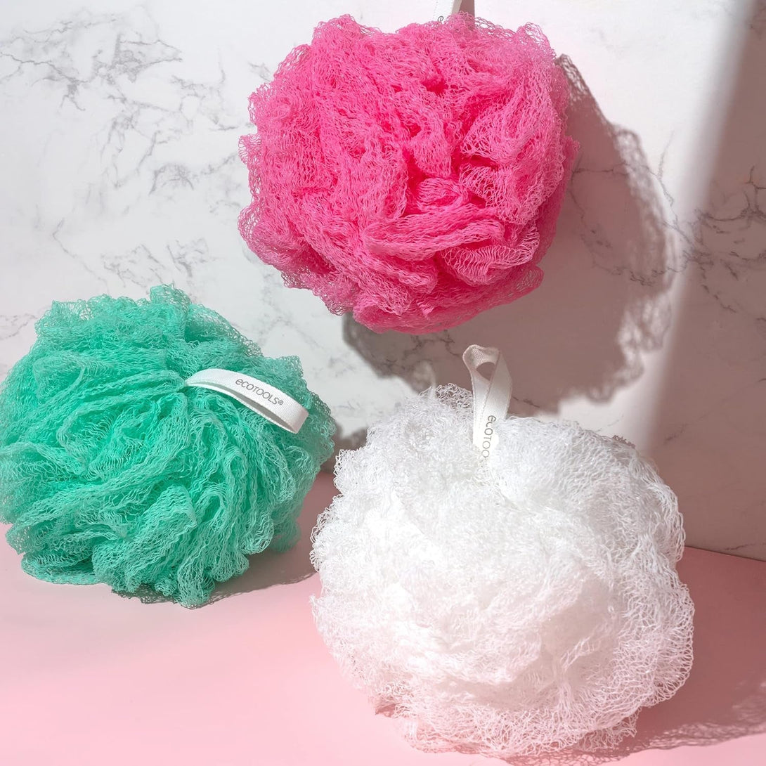 Ecotools Exfoliating Ecopouf 3 Pack, Shower Loofah Scrubs & Cleanses, Pouf with Recycled Netting, Exfoliation Removes Dead Skin, Eco-Friendly Bath Accessory, Cruelty-Free, Color May Vary, (60G Each)
