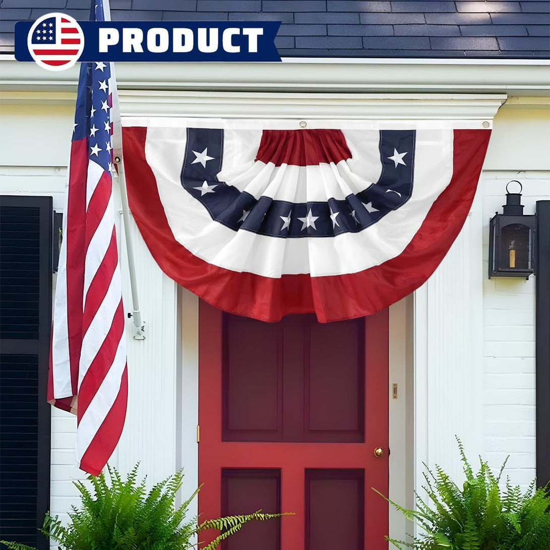 2X4 Ft American Pleated Fan Flag USA Bunting 4Th of July Flags Decor outside Porch Garden Banner Embroidered Patriotic Stars & Sewn Stripes Canvas Header Brass Grommets