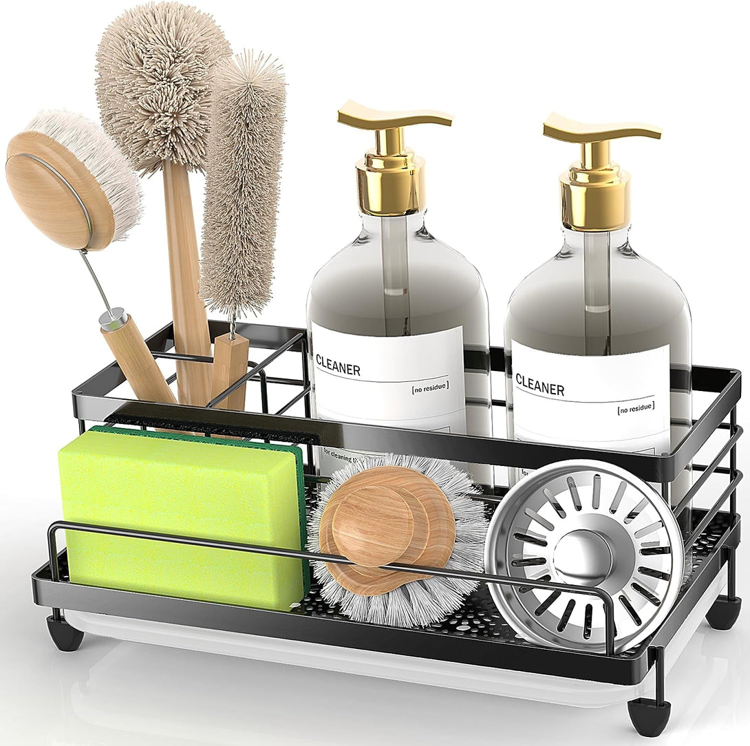 Cisily Large Black Sponge Holder for Kitchen, Sink Caddy Sink Organizer Rack for Kitchen Accessories with Drip Tray, Rustproof and Non-Slip, Soap Dispenser Countertop Organizer Essentials for New Home