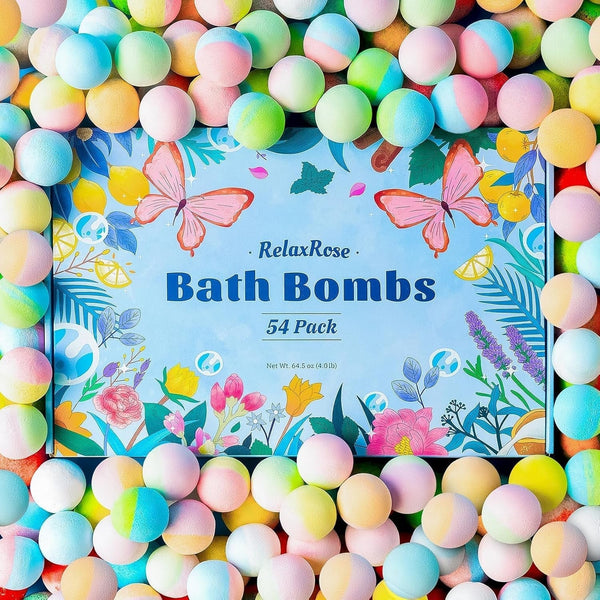 54 Pack Handmade Bath Bombs â€“ 11 Vibrant Colors & 9 Unique Scents, Long-Lasting Fizzy Bubbles & Colorful Magic, 7-Minute Dissolve for Relaxation, Perfect for Birthdays & Summer Self-Care