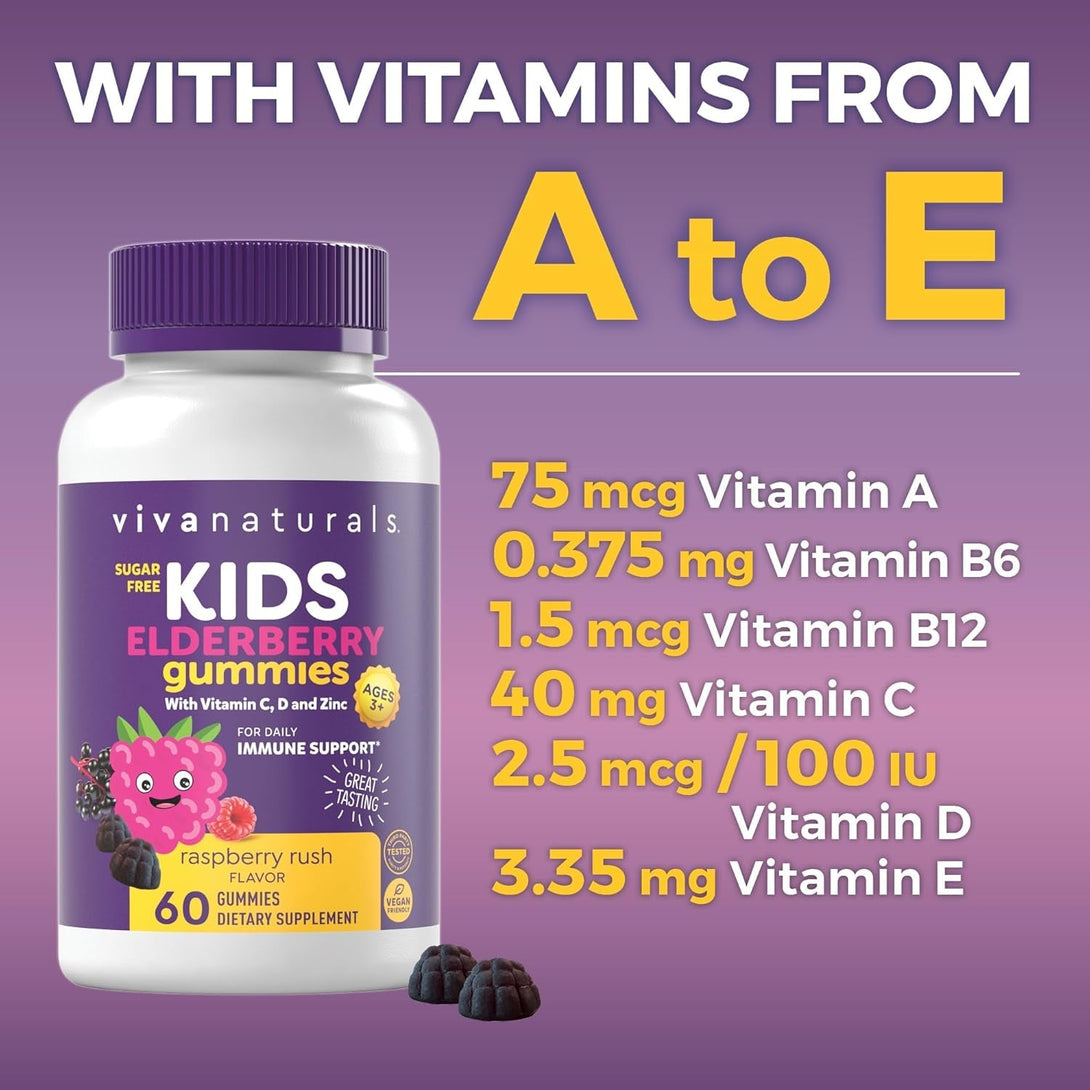 Viva Naturals 8In1 Elderberry Gummies for Kids with Vitamin C, D and Zinc - 60 Sugar Free Kids Immune Support Black Elderberry Gummies - Elderberry Vitamin C and Zinc Immune Support Supplement