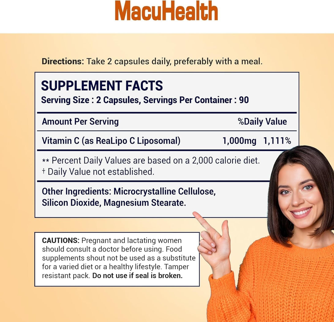 Macuhealth Liposomal Vitamin C 1000MG per Serving - High Bioavailablity Vitamin with Fat-Soluble Antioxidants and Enhanced Absorption - 3 Month Supply