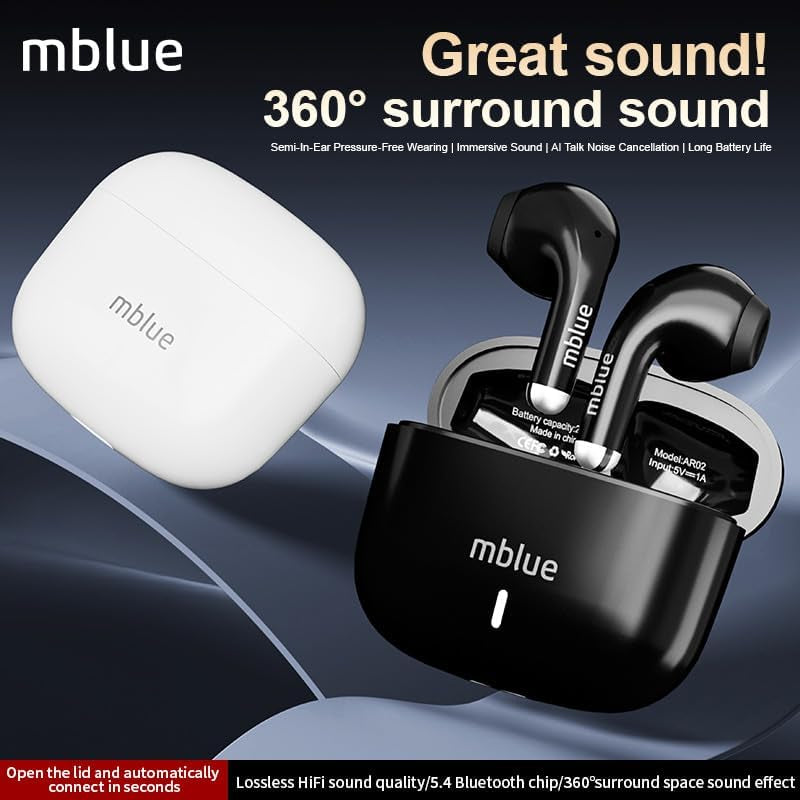 MBLUE AR02 Bluetooth Earbuds, 50H Playtime, ENC Noise Cancelling, 13Mm Bass Driver, Touch Control, Wireless Earphones for Sports, Workouts, Calls, Gaming (White)