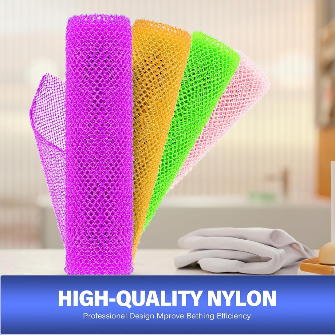 4 African Net Sponge Mesh Long Mesh Bath Sponges - Exfoliates and Refreshes Skin for a Silky Smooth Shower Experience (Purple, Pink, Green, Orange)