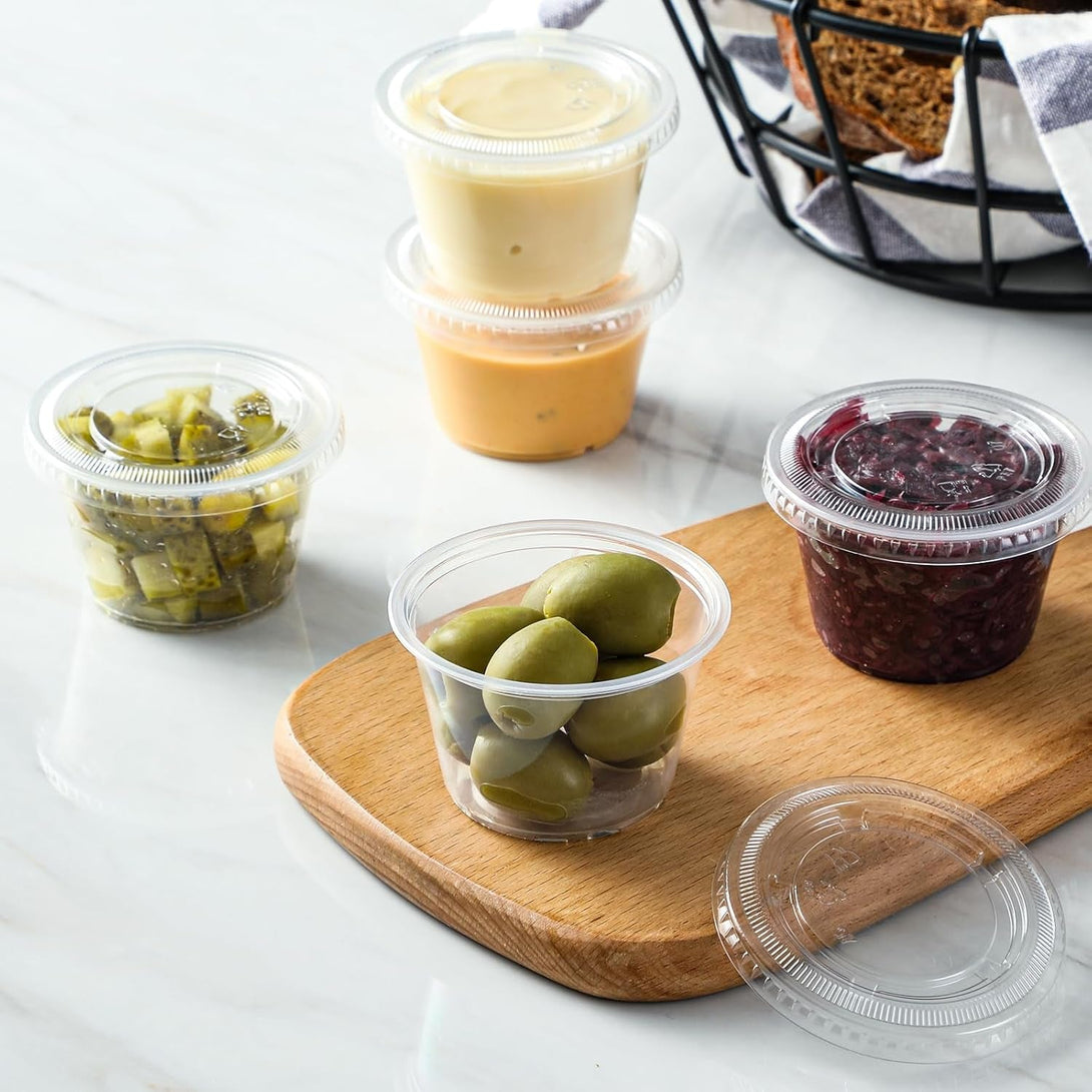 AOZITA 100 Sets - 4 Oz Portion Cups with Lids, Jello Shot Cups, Small Plastic Containers, Airtight and Stackable Souffle Cups