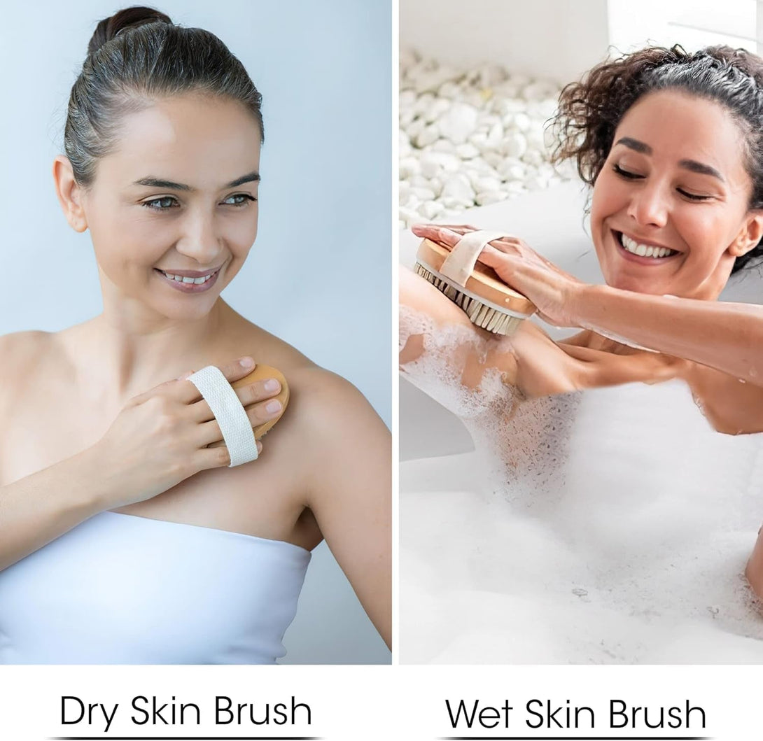 Dry Body Brush 2 Pack – Natural Boar Bristle Exfoliating Brush for Lymphatic Drainage, Cellulite, Dry Skin – Wooden Spa Scrub Brush with Strap for Bath, Shower & Self-Care