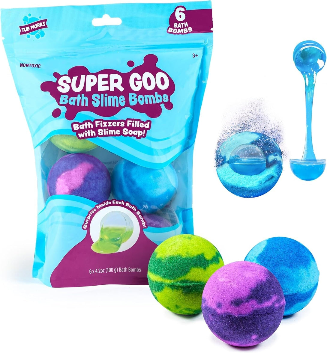 Super Goo Bath Slime 'Surprise' Bombs, 6 Pack | Kids Bath Bombs with Surprise inside | Nontoxic | Stretchy, Squishy Slime Soap | Sensory Fun for Kids