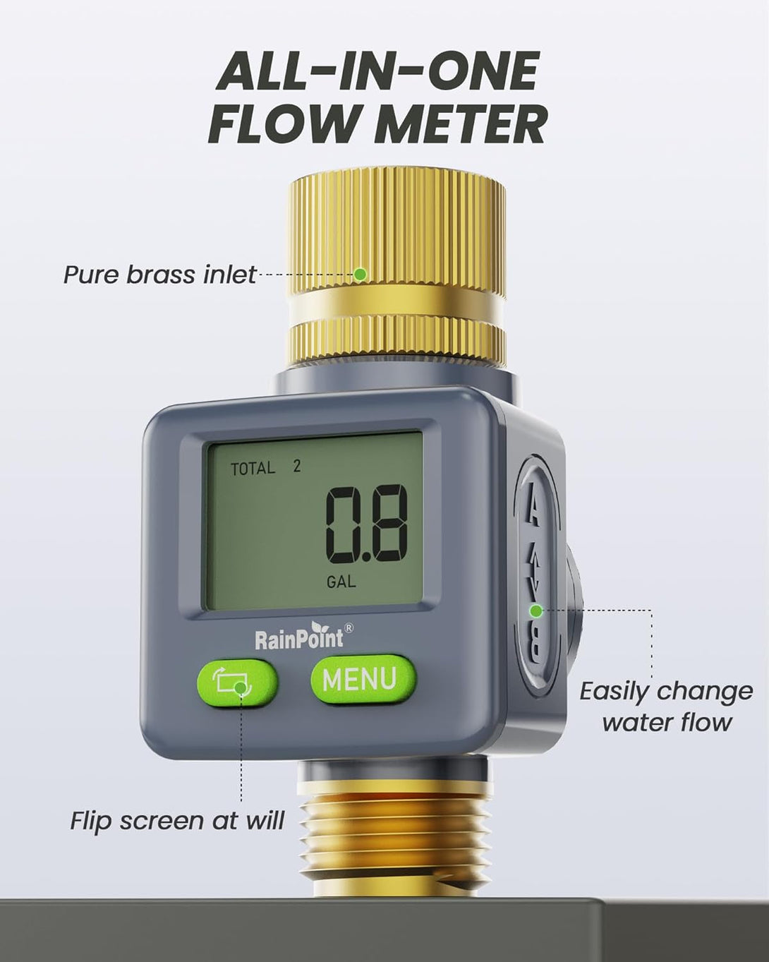 RAINPOINT Water Flow Meter with Brass Inlet & Outlet, 180° Screen-Flip Water Meter, Measure Gallon/Liter Consumption for RV Filling, Garden Watering, Sprinkler and Hoze Nozzle
