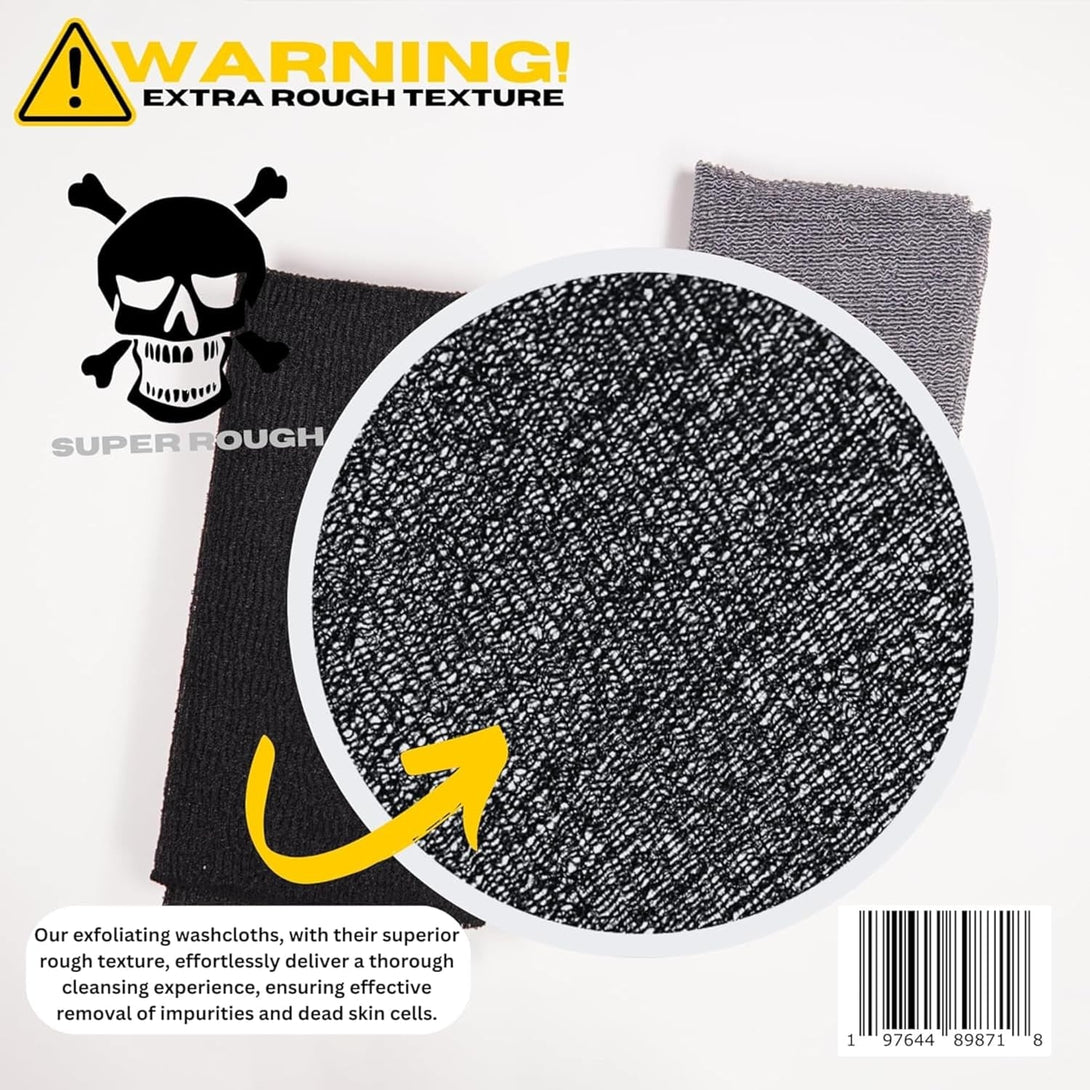 Extra Rough Exfoliating Washcloth-Extreme Body & Back Scrubber for Shower, Extra Long, Hygienic Rough Exfoliator, Men & Women, 2 Count Pack, Black & Grey, Killer Exfoliator