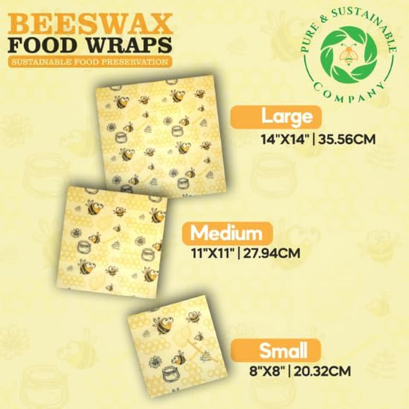PURE & SUSTAINABLE COMPANY Beeswax Wraps - Food Storage -Pack of 3– Sustainable – Reusable - Certified Organic Cotton Size S,M,L