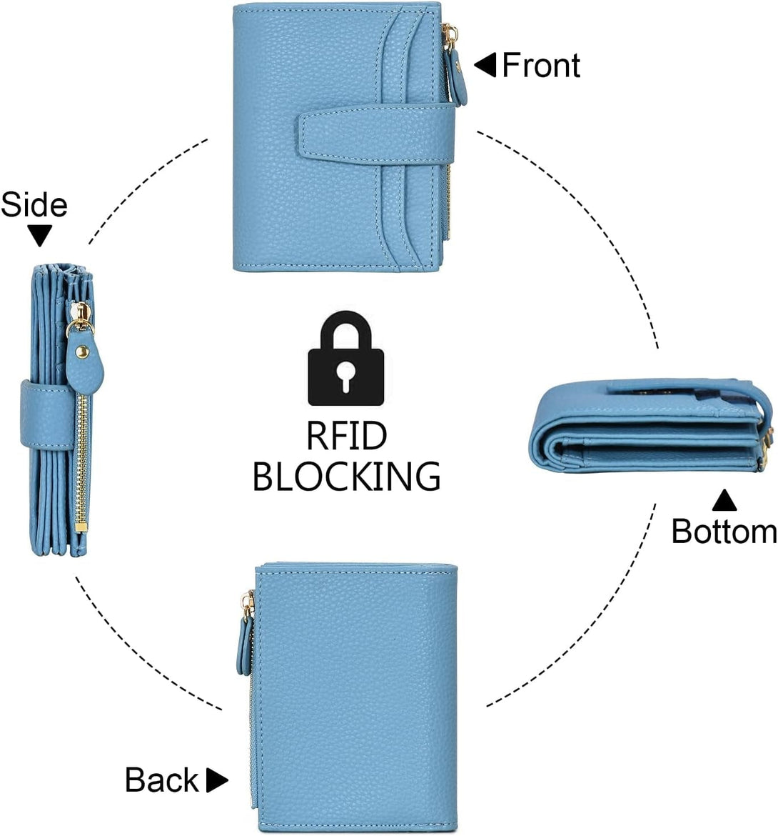 Oscaurt Small Wallet Women RFID Blocking Bifold Compact Credit Card Holder Leather Wallets for Women with Zipper Coin Pocket and 2 ID Window (Blue)