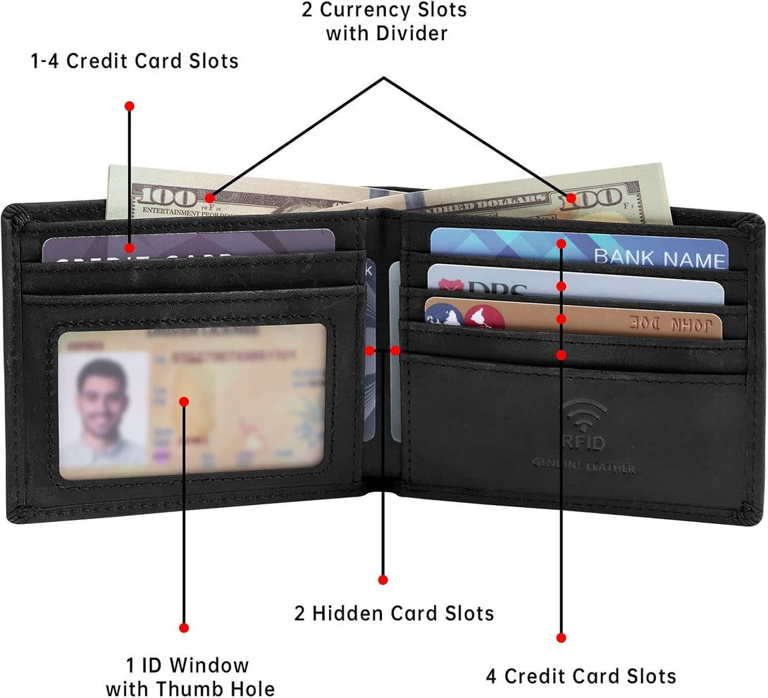 Real Leather Mens Bifold Wallet RFID Blocking Slim Minimalist Front Pocket - Thin & Stylish with ID Window in Gift Box (Crazy Horse, Black)