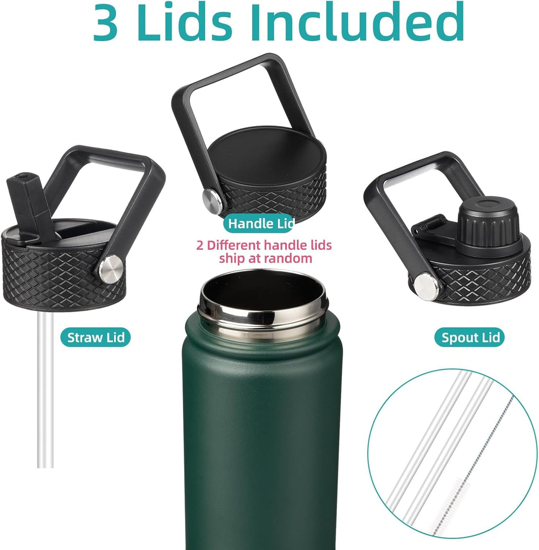 22Oz Stainless Steel Bottles with 3 Lids Sport Insulated Water Bottle,Army Green