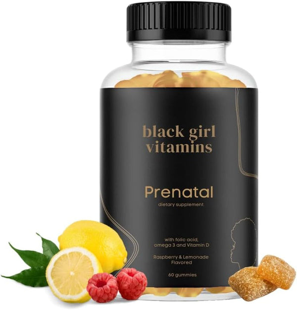 Black Girl Vitamins - Prenatal Gummies for Women, Vitamin with Folate and Choline, for Bone Health Support, Gluten-Free, (Raspberry-Lemonade), 60Ct