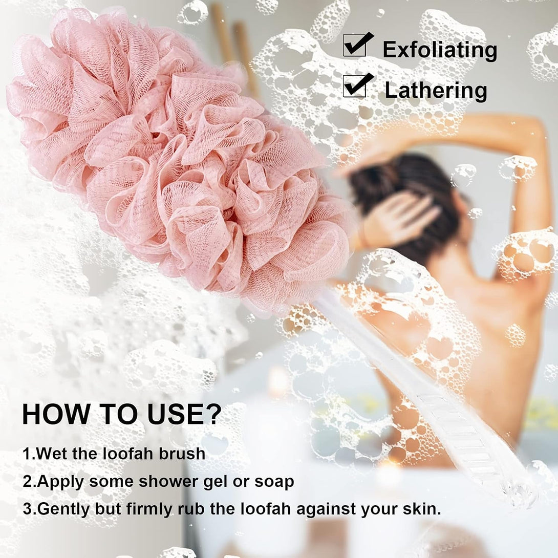 PPHAO - Loofah on a Stick for Men & Women - Bath Brush with Long Handle - Plastic Loofah Sponge - 2Pack in Green & Pink