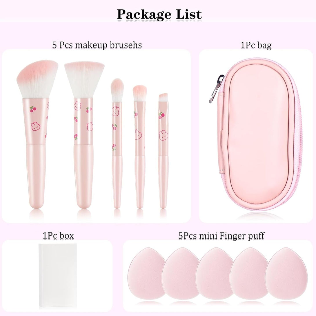 5Pcs Pink Printed Travel Makeup Brushes with Bag and 5Pcs Finger Puff Cosmetic Tool Kit Soft Synthetic Fiber for Foundation, Powder, Brush, Eye Shadow, Eyebrow Powder Gift for Women/Girls/Kids