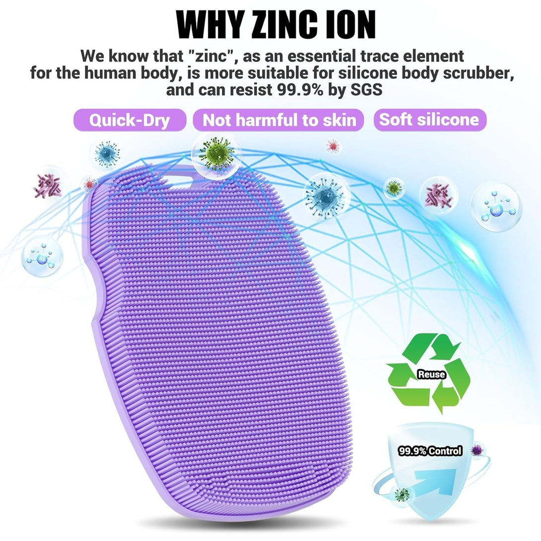 Silicone Body Scrubber - Zinc Infused - Highly Elastic Bristles - Exfoliating Body Scrubber for Cellulite Reduction,Blood Circulation,Massage for Flawless Skin - Purple