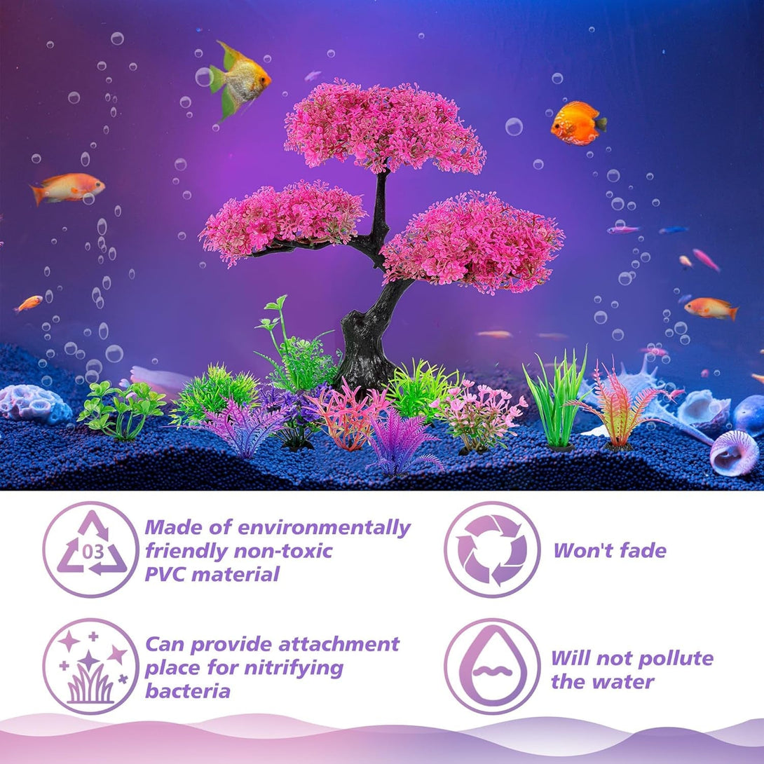Ameliade Aquarium Artificial Plastic Plants Decoration, Pink Cherry Blossom Tree Aquarium Decor Set, Goldfish Betta Fish Tank Decorations Hides Accessories（Pink