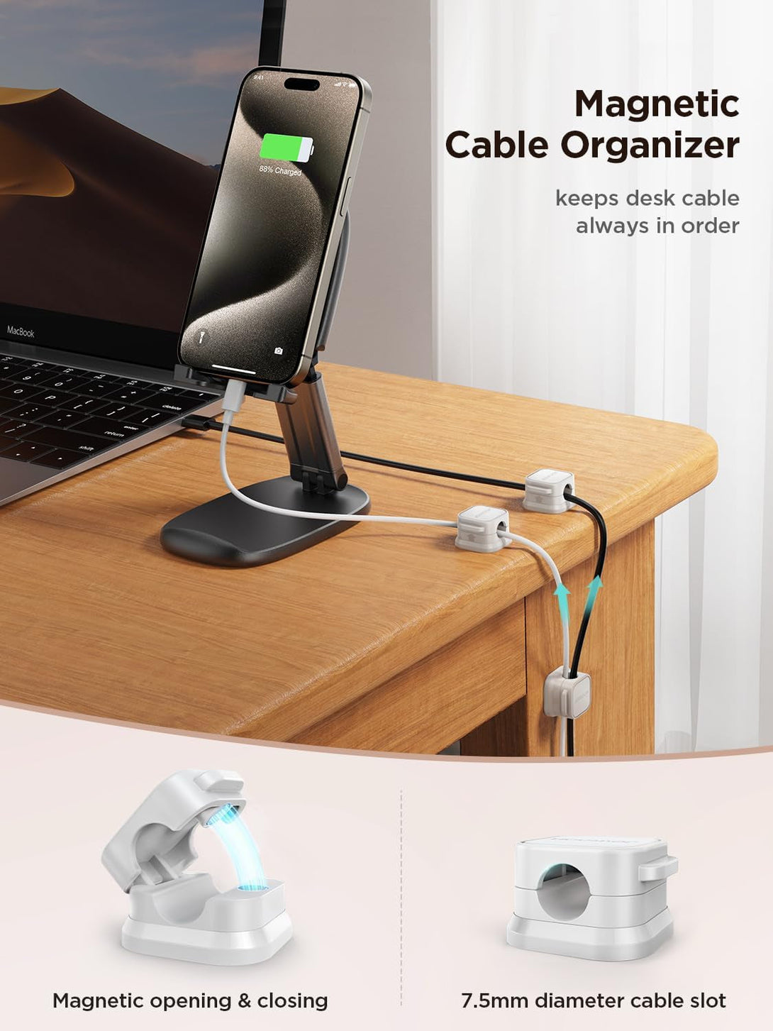 6 Pack Magnetic Cable Clips [Cable Smooth Adjustable] Cord Holder, under Desk Cable Management, JOYROOM Adhesive Wire Holder Keeper Organizer for Home Office Desk Phone Car Wall Desktop Nightstand