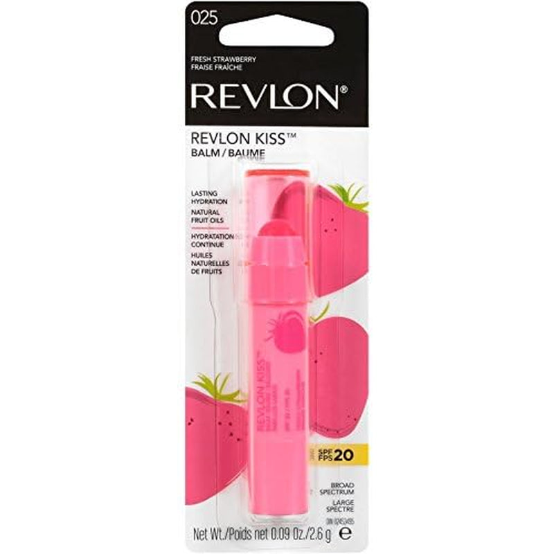 Revlon Kiss Tinted Lip Balm with SPF 20, Hydrating, Flavored, Infused with Natural Fruit Oils, 025 Fresh Strawberry, 0.09 Oz