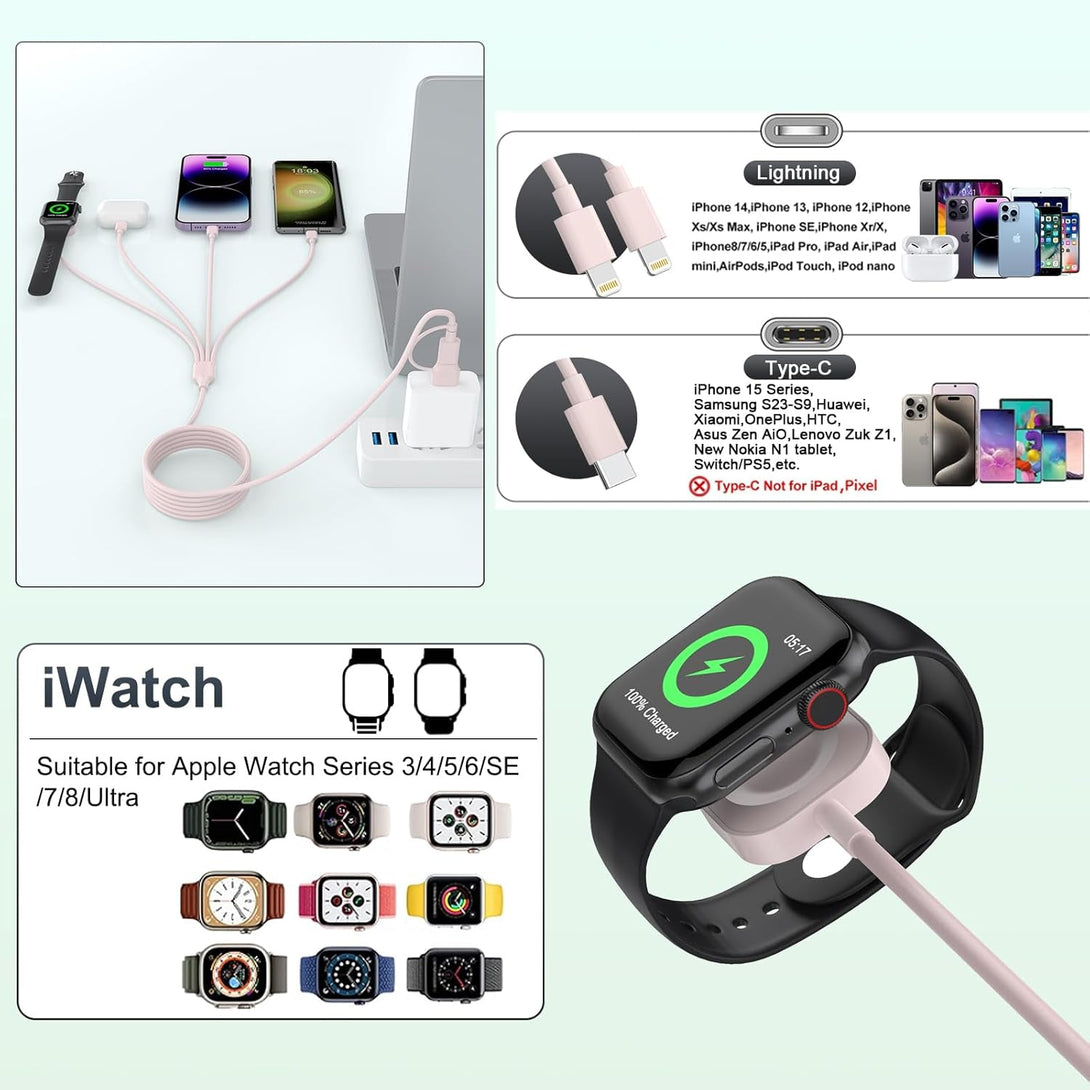 4 in 2 Travel Multi Charging Cable for Apple Watch Charger (6FT/1.8M), Universal Chargers for All Devices Travel Essentials Compatible with Apple Iphone Android Phone and Iwatch Ipad, Airpods(Pink)