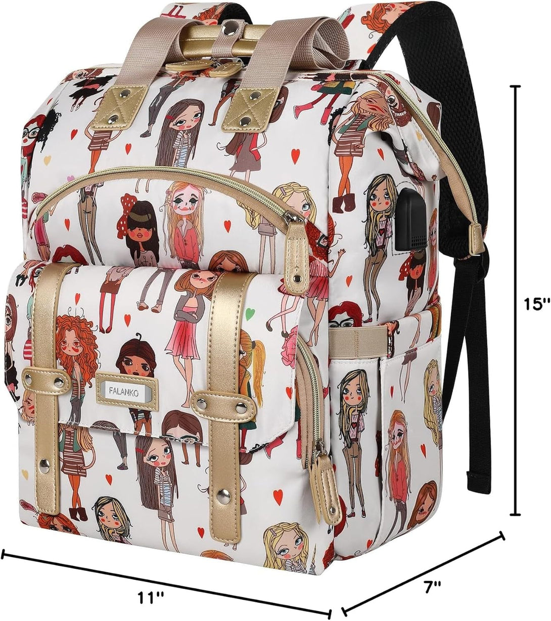 Laptop Backpack for Women,Teacher Doctor Nurse Work Purse Bag for 15.6 Inch Laptop, Wide Open Cute Cartoon Pattern Bookbag, Large Backpack for Women with USB Charging Port RFID anti Theft Pocket