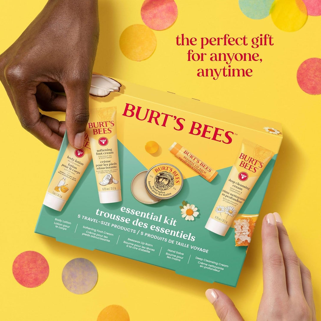 Burt'S Bees Gift Ideas - Essentials Everyday Set, 5 Travel Size Products - Deep Cleansing Cream, Hand Salve, Body Lotion, Foot Cream and Original Lip Balm