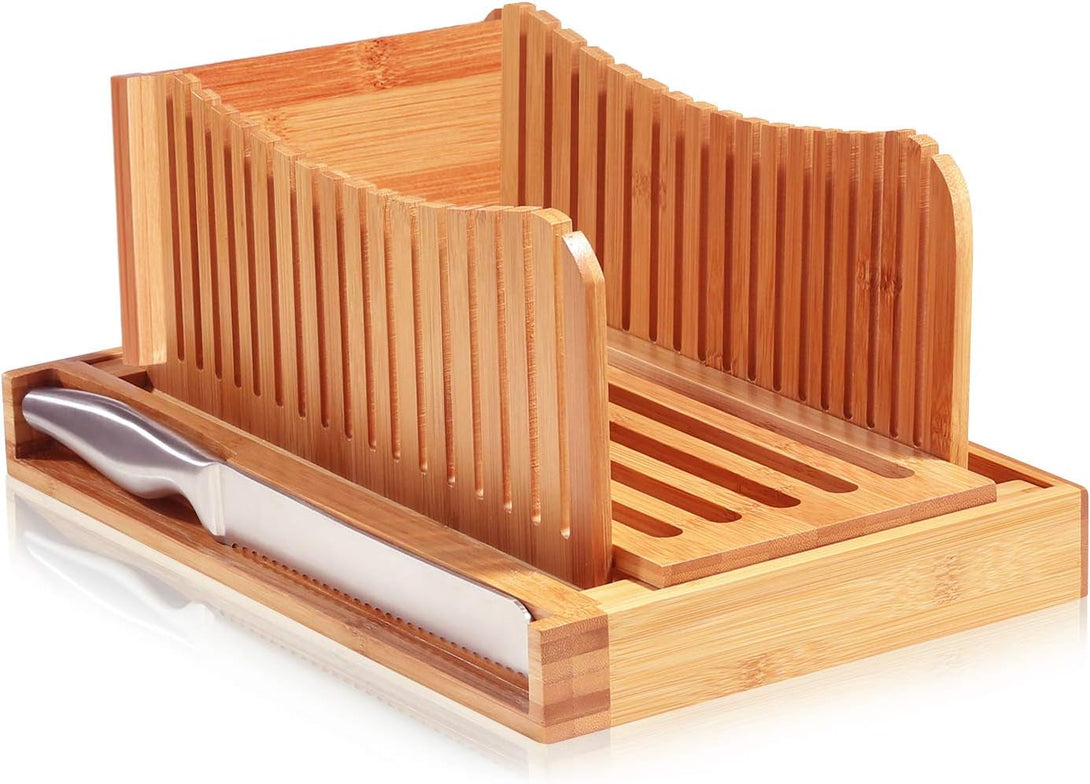 Bambüsi Bread Slicer for Homemade Bread - Bamboo Bread Cutter with Knife, Foldable Slicing Guide, Crumb Tray - Compact Bread Loaf Slicer for Cakes, Bagels, Loaves - Kitchen Gadget & Gifts