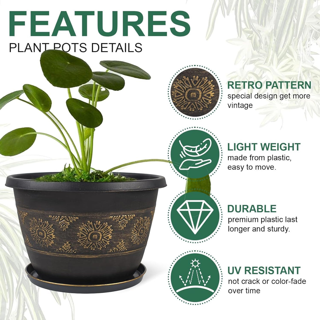 6 Pack 8 Inch Plant Pots, Retro Pattern Planters with Drainage Holes and Saucer, Sturdy Plastic Garden Flower Pots for Indoor & Outdoor Plants