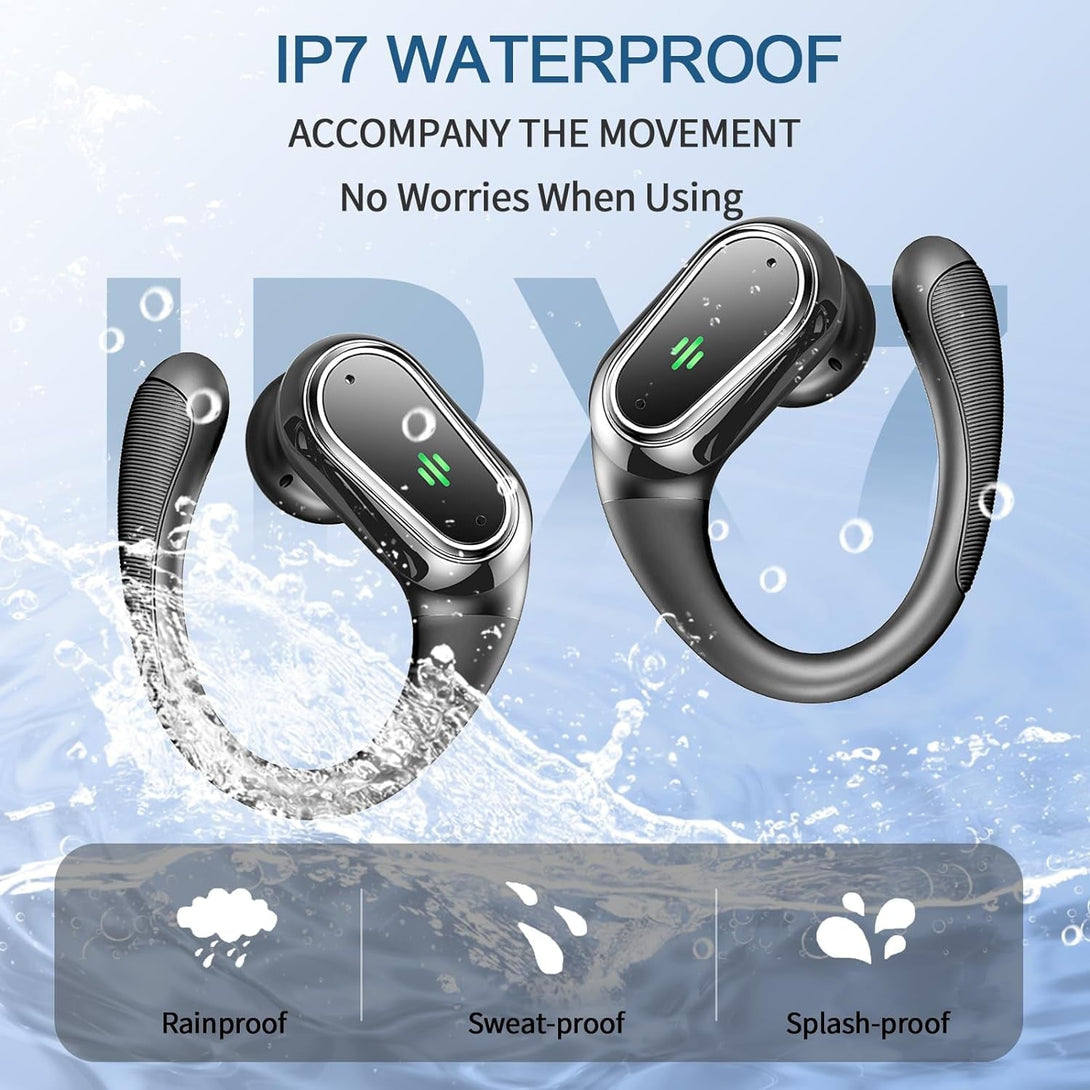 Wireless Earbuds, 2025 Bluetooth 5.4 Headphones Sport, Bluetooth Earbuds with ENC Noise Canceling Mic, 75H Stereo Wireless Headphones IP7 Waterproof with Earhooks, Dual LED Display for Workout/Running