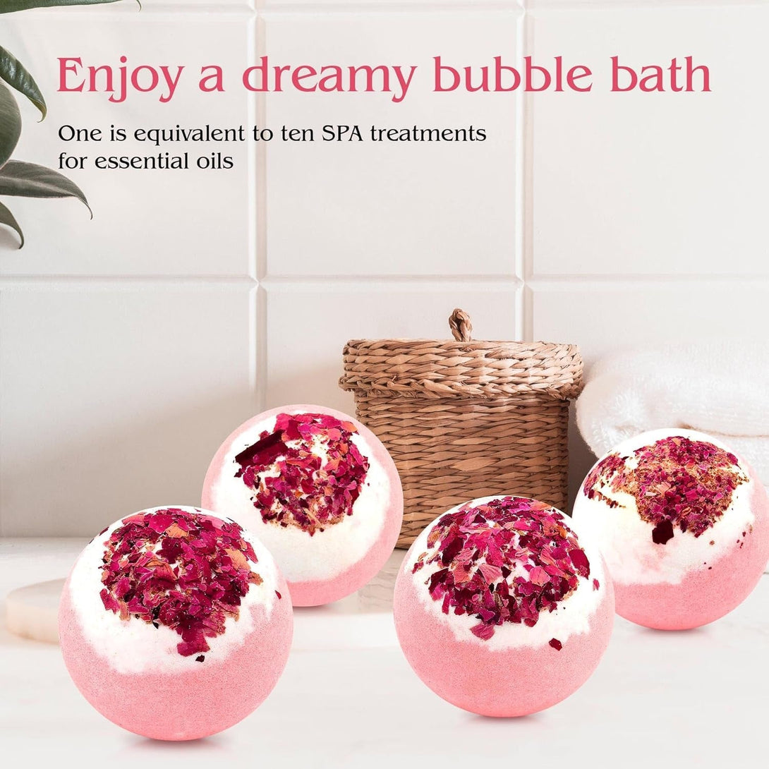 Dried Flower Bath Bombs Salt Balls,4 Pack Gift Set,Rose Extract Essential Oils,Moisturizing Dry Skin,Fizzy Spa,Relaxation,Self Care,Relaxing,Bubble Bath Bomb Gifts Idea for Men Women