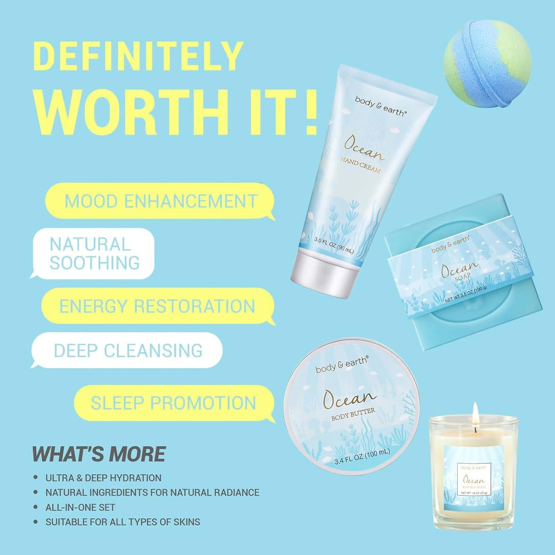 Gifts for Women, Bath and Body Womens Gift Sets with 5 Pcs Ocean Scented Spa Gifts for Women Bath Gift with Scented Candle Body Butter Hand Cream Bath Bomb Mothers Day Gifts