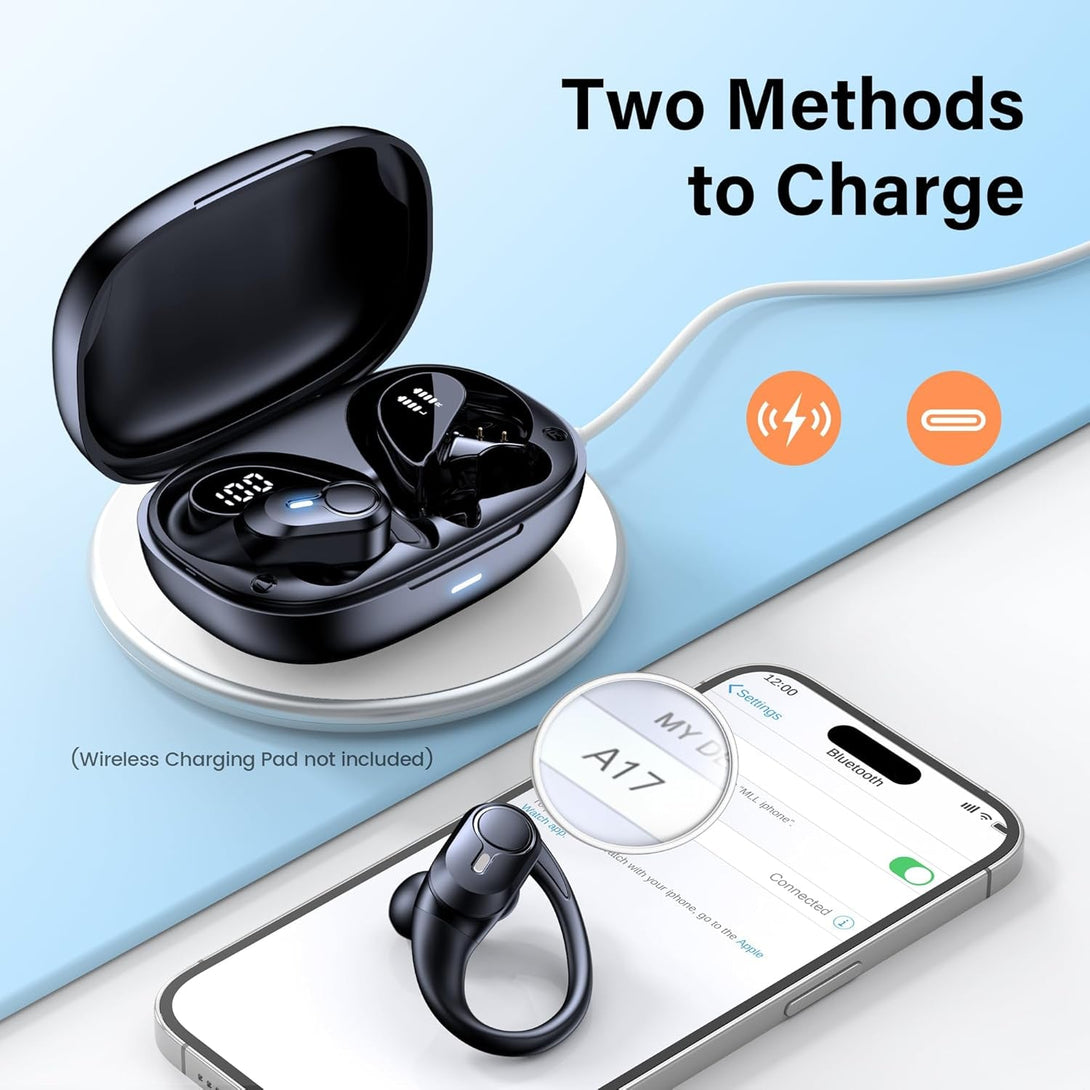 Wireless Earbuds Bluetooth Headphones 70Hrs Playback Ear Buds IPX7 Waterproof Wireless Charging Case & Dual Power Display Over-Ear Stereo Bass Earphones Earhooks for Sports/Workout/Running Black