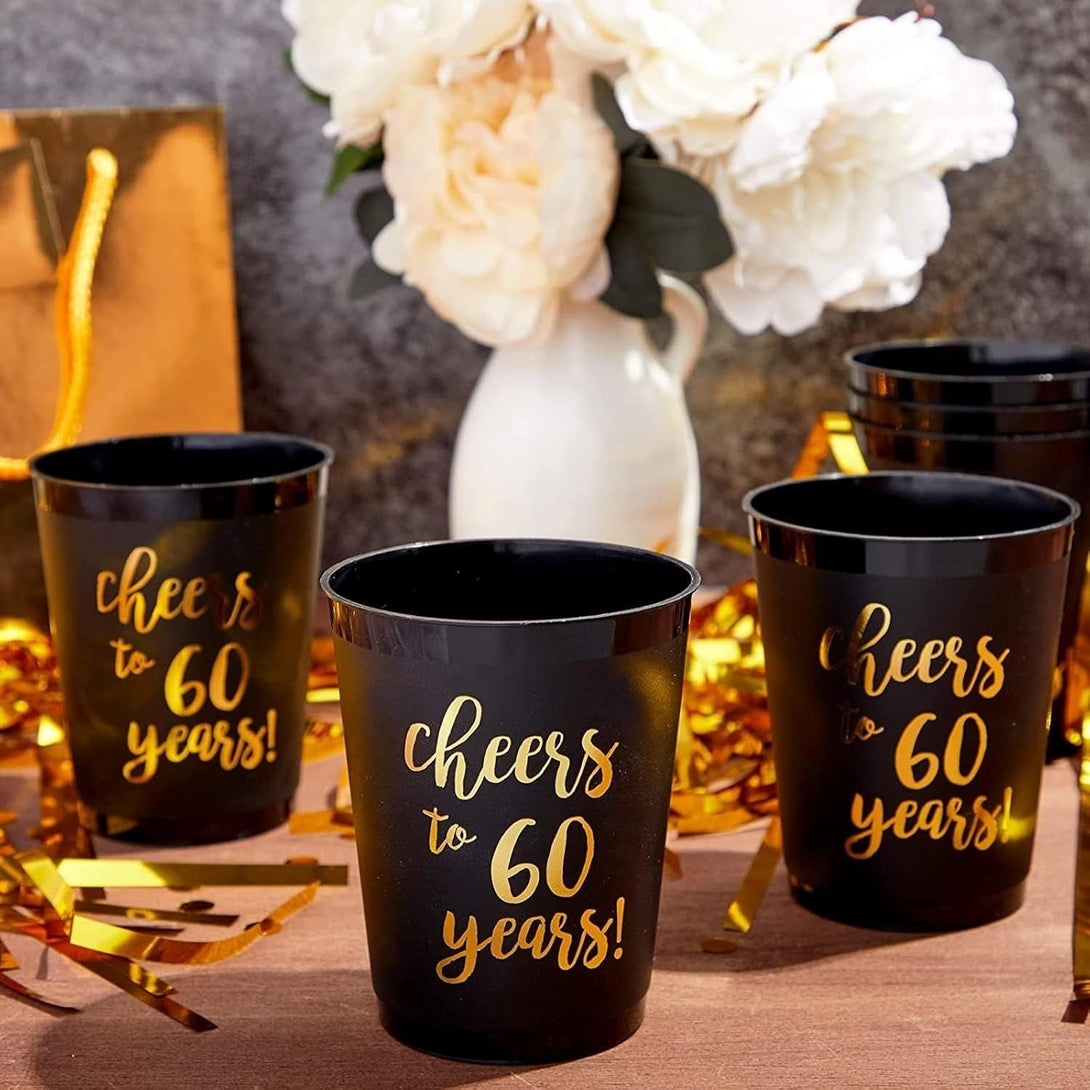 16 Pack Cheers to 60 Years Plastic Party Cups - 60Th Birthday Decorations for Men and Women, Anniversaries (Black, 16 Oz)
