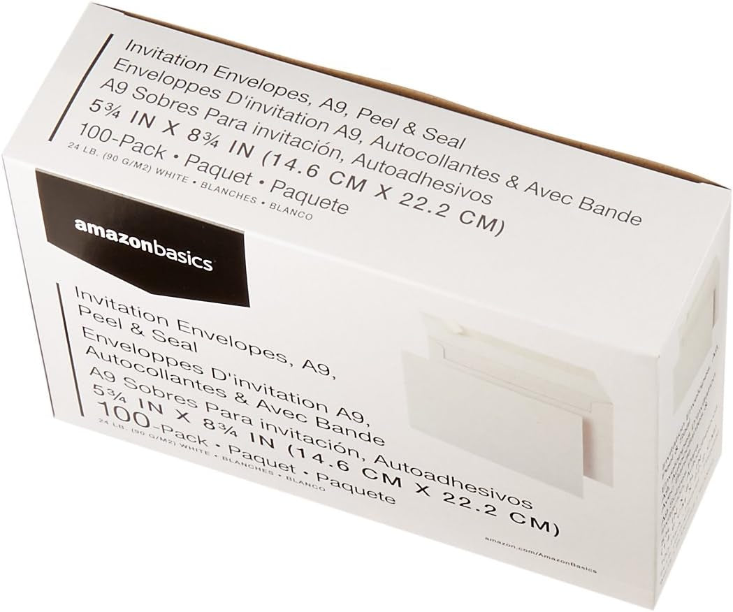 Amazon Basics A9 Blank Invitation Envelopes with Peel and Seal Closure, 5-3/4 X 8-3/4 Inches, White - Pack of 100