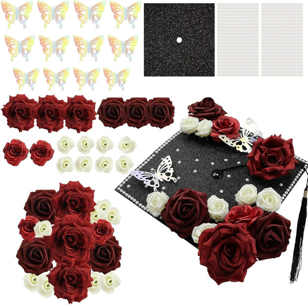 Nagobi DIY Graduation Cap Decorations Accessory Kit, Cap Decorations for Graduation 3D Faux Rose Flower Heads Butterfly for Grad Hats Decor Pearl Stickers Alphabet Letter Stickers (Red White)