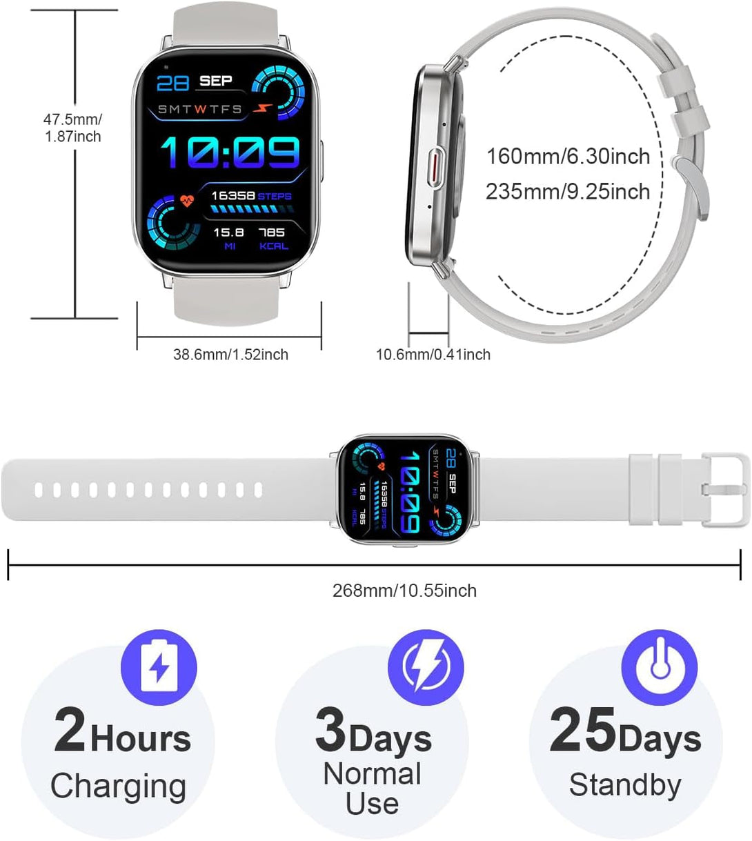 Smart Watches for Men Women(Call Receive/Dial),2.01” Touch Screen Fitness Tracker with Blood Pressure/Heart Rate/Sleep Monitor, 120+Sports Modes, IP68 Waterproof Smartwatch for Android Iphone, Sliver