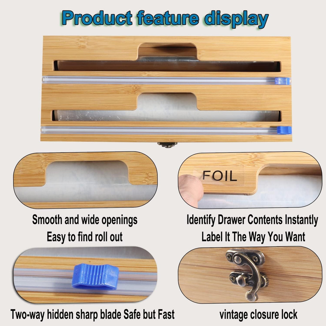 2 in 1 Plastic Wrap Dispenser, with Slide Cutter, for 12-Inch Food Cling Wrap Dispenser,Parchment Paper Aluminum Foil Dispenser for Kitchen Drawer,Roll Organizer Holder,Sturdy and Reusable