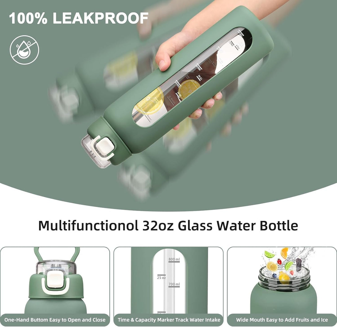 32 Oz Glass Water Bottles with 2 Lids-Handle Spout Lid & Straw Lid, 1 Liter Motivational Borosilicate Water Bottle with Time Marker and Silicone Sleeve,Leakproof-Olive-1 Pack
