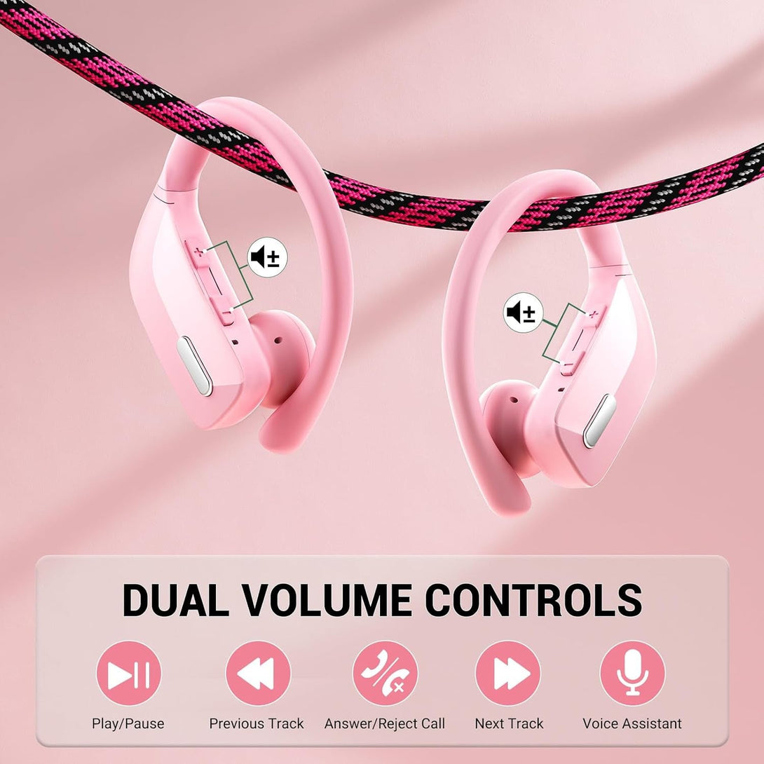 Wireless Sport Bluetooth Headphones 80Hrs Stereo with HD Mic with Earhooks ENC Noise Canceling Over-Ear Earphones, IP7 Waterproof Headset for Computer Workout Running Pink